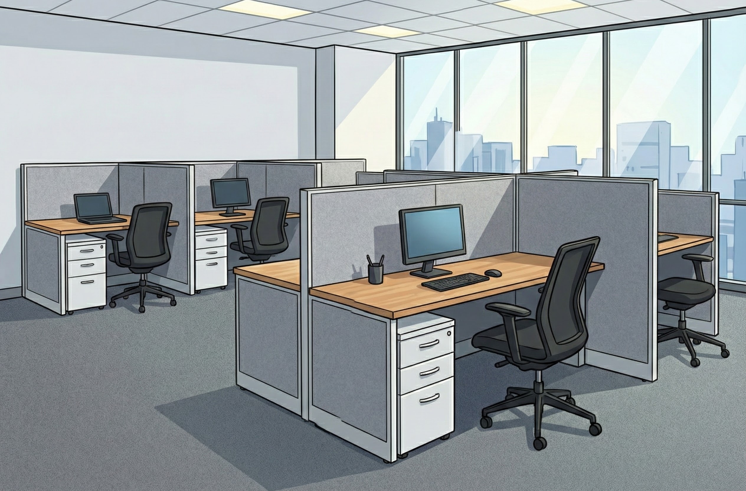 BMG professionals in blue uniforms reconfiguring office workstations and acoustic partitions in a modern workspace.